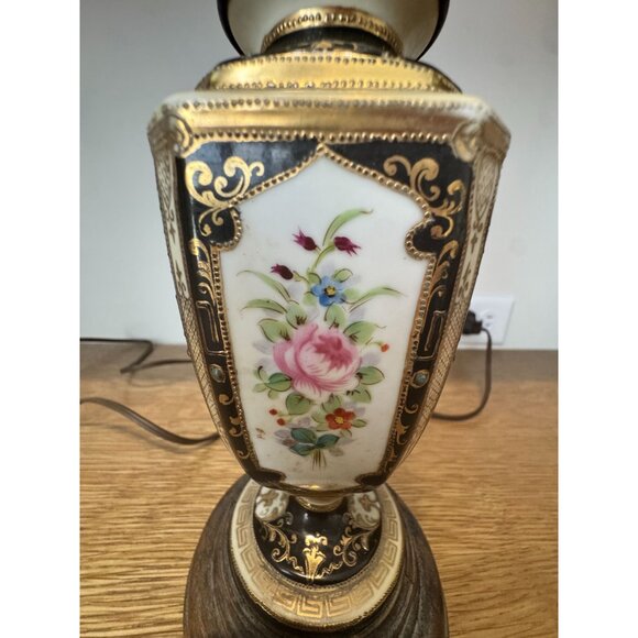 Vintage Floral Porcelain & Metal Table Lamp – Ornate Black & Gold Detail, Wood B - Picture 3 of 12